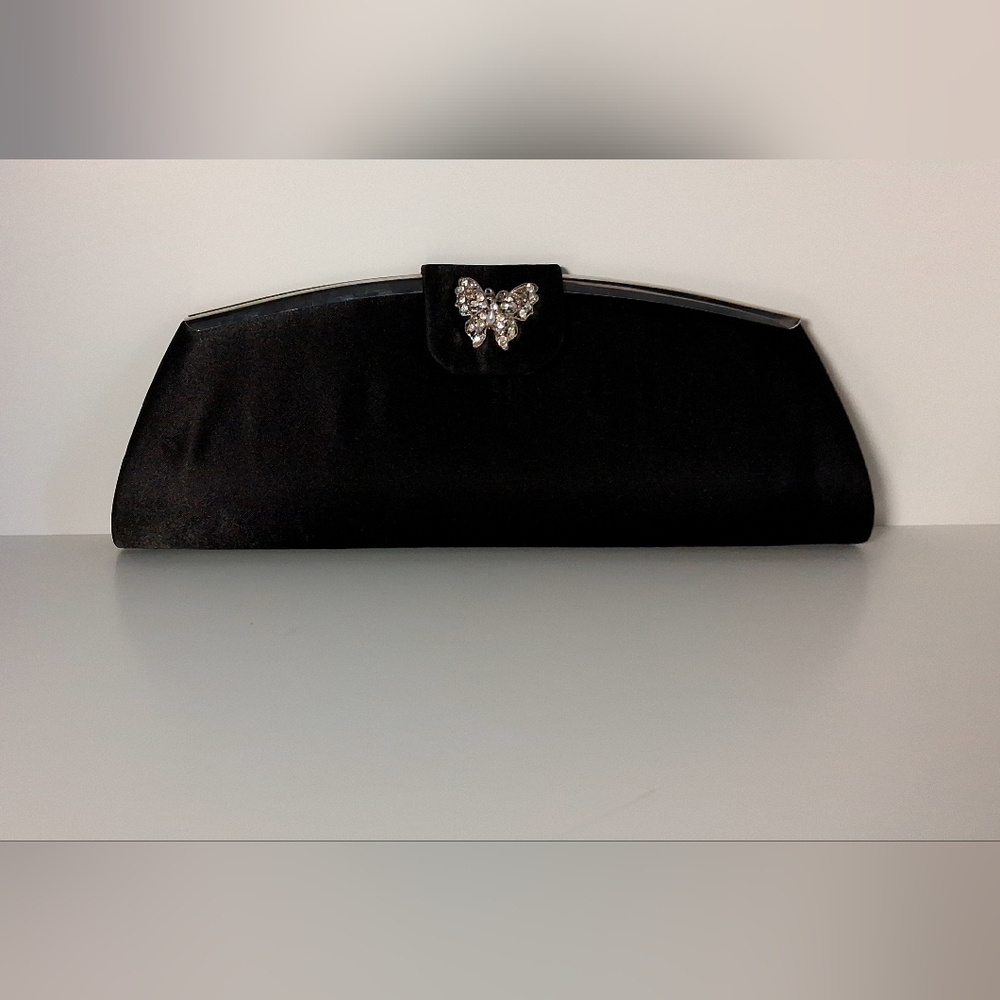 TOVA BEVERLY HILLS Black Velvet Evening Clutch with Jeweled Butterfly Accent